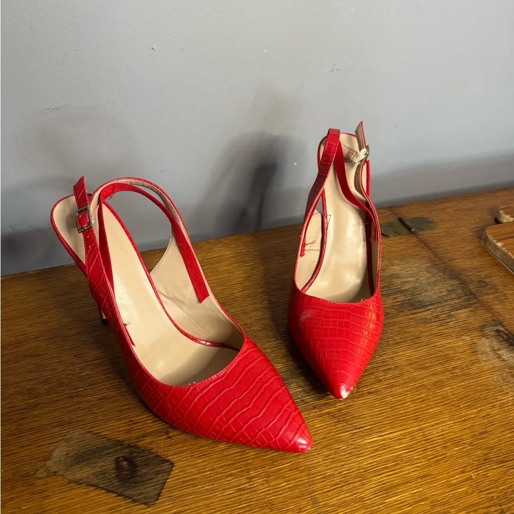 Red Croc-Embossed Slingback Heels - Picture 2 of 5